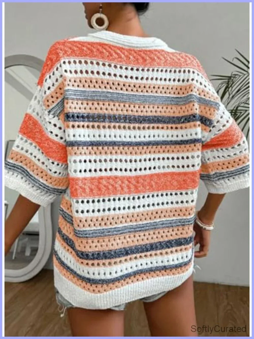 Boho Striped Crochet Knit Top V Neck 3/4 Sleeve Hollow Out Oversized Sweater